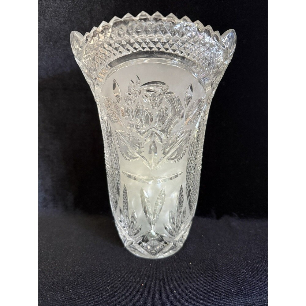 Large Vintage Irena Cut 24% Lead Crystal Vase 9.5” H X 6.5” D Glass